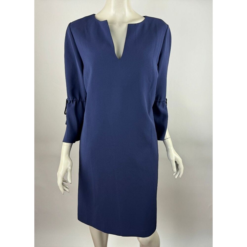 Lafayette 148 NY Shift Dress Women L? EUC Bell Sleeve Pockets Lined V-neck Navy